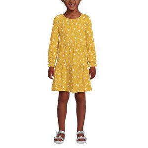 Lands End Girls Plus Long Sleeve Tiered Knit Dress in Yellow and White Flowers